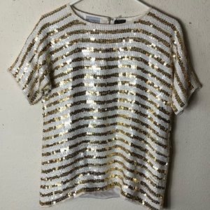 Vintage Lew Magram 80s  SILK Gold and white sequins blouse Large